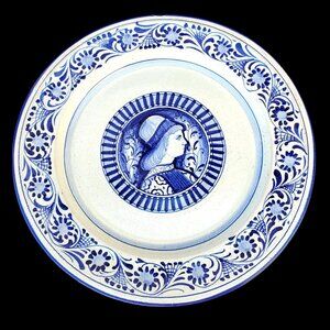 Vintage Deruta Majolica Portrait Plate Hand Painted Ceramic Blue White PV Italy